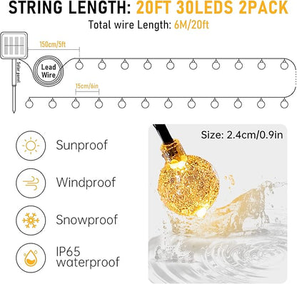 2-Pack 30 LED 20FT Solar String Lights Outdoor, Crystal Globe Lights with 8 Lighting Modes, Waterproof Solar Powered Patio Lights for Garden Yard Porch Wedding Party Decor (Warm White)