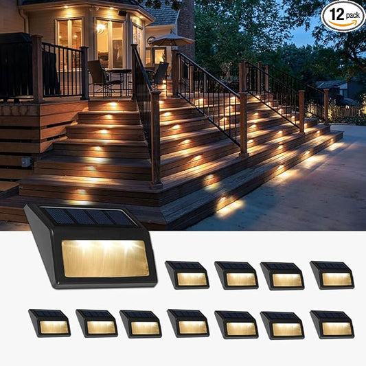 Solar Lights Outdoor, Waterproof Solar Powered Deck Step Lights for Patio Garden Backyard Garage Driveway Pathway Outside Wall Lighting (Warm White/12 Pack)