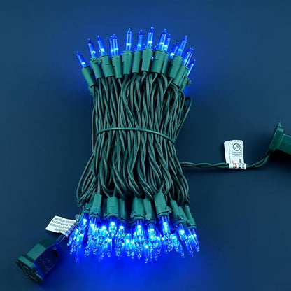 YULETIME 100 Count Blue Christmas Lights, 33 Feet Green Wire UL Certified Incandescent-Like LED Mini String Lights