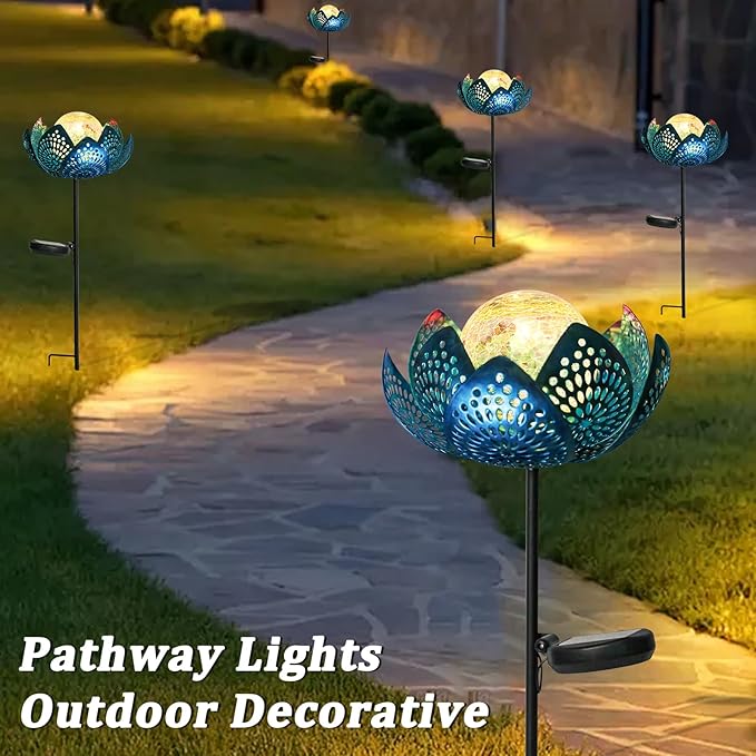 Bshine Lotus Solar Light Outdoor, Waterproof Crack Glass Globes LED Lotus Flower Metal Stake Valentine's Day Outdoor Decor Yard, Courtyard, Path, Art Lawn Ornaments, Gift for Mom Housewarming, Blue
