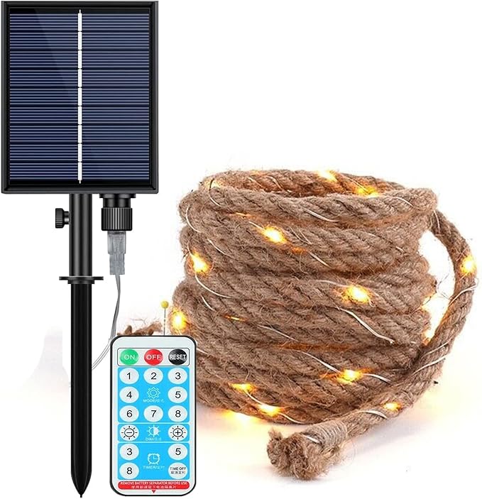 Solar String Lights Outdoor, Waterproof Natural Hemp Rope Lights with Remote/Rechargeable Port,Dimmable Outdoor Solar Light Cafe Lights for Garden Bistro Party Porch Yard Balcony (100led 5m)