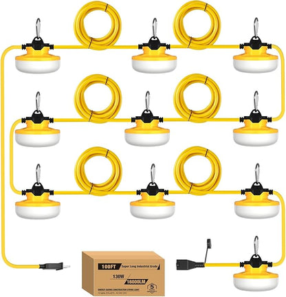 YXL 130W 16000LM Construction String Lights Temp Lighting 100FT Industrial LED Work String Lights, IP65 Waterproof, Super Bright for Construction Sites Temporary Work Jobsites Outdoor Lighting