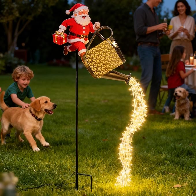 Christmas Santa Solar Kettle Lights, Waterproof Solar Watering Can with Cascading Lights, Garden Lawn Decorative Light, Hanging Metal Solars Santas Watering Can Led Light for Yard Pathway