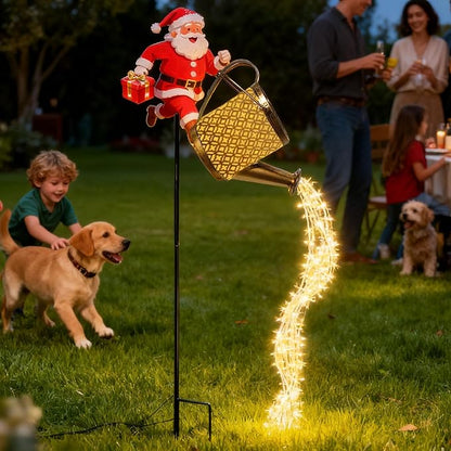Christmas Santa Solar Kettle Lights, Waterproof Solar Watering Can with Cascading Lights, Garden Lawn Decorative Light, Hanging Metal Solars Santas Watering Can Led Light for Yard Pathway