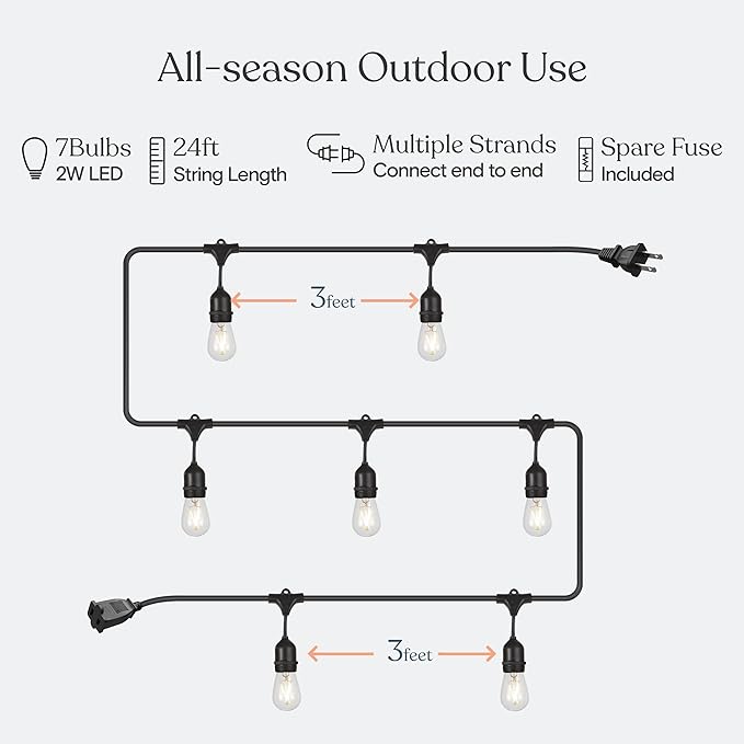 Brightech Ambience Pro LED 24 Ft String Lights Bundled with One Extra Pack of 15 Ambience PRO Replacement LED Light Bulbs, 2 Watt Vintage LED Edison Bulbs, 2700K Soft White Dimmable Outdoor