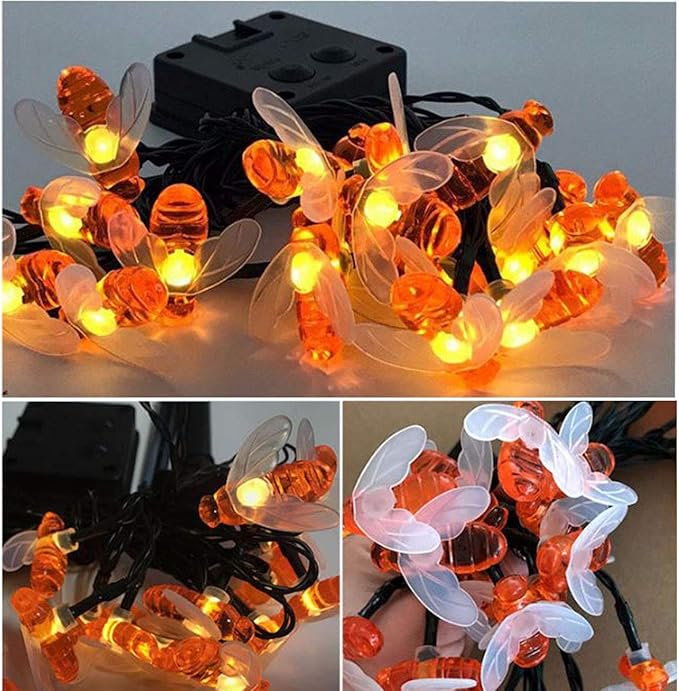 Solar Bee String Lights, 23Ft 50 Led Bee Shape Fairy Solar Operated String Lights for Garden, Patio, Lawn Decoration (Warm White)