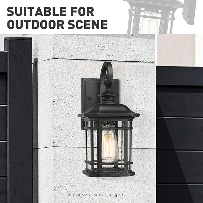 Emliviar Outdoor Wall Lantern Lights, 1-Light Exterior Wall Sconce Lamp, Black Finish with Clear Seeded Glass | Lumora
