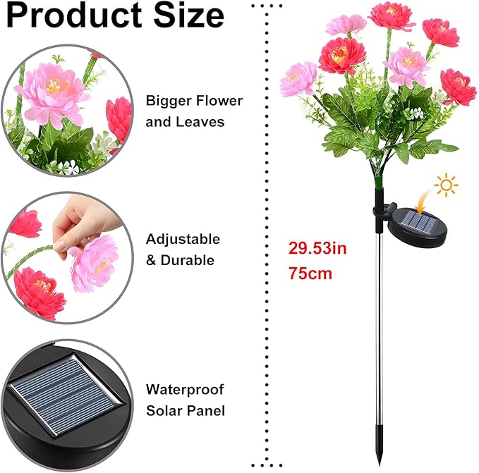2 Pack Solar Flower Lights Outdoor - 14 Blooming Waterproof Snow Lotus Garden Lights for Patio, Yard, Pathway, and Landscape Decoration - Auto On/Off, IP65