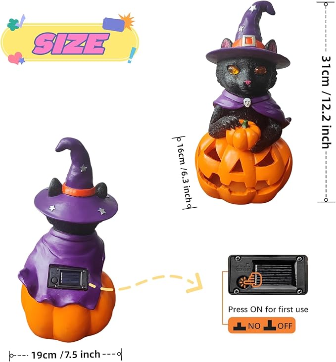 Solar Witch Black Cat Figurine Light for Gothic Theme Party, Solar Outdoor Lights Harvest Pumpkin LED Spooky Cat Garden Statue Led Yard Light Patio Porch Pathway, Fall Decor Home Gifts for Cat Lovers