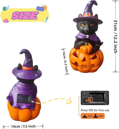 Solar Witch Black Cat Figurine Light for Gothic Theme Party, Solar Outdoor Lights Harvest Pumpkin LED Spooky Cat Garden Statue Led Yard Light Patio Porch Pathway, Fall Decor Home Gifts for Cat Lovers