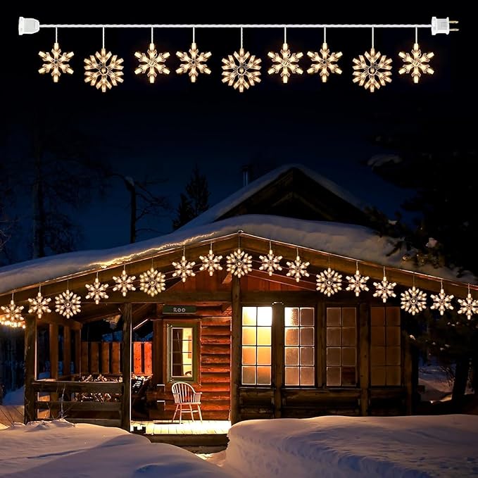 Minetom Snowflake Christmas String Lights with 9 Drops - 13ft 150 Mini Bulb Icicle Lights with Clips, Plug-in Connectable Hanging Lights for Front Porch House Tree Decor Holiday Décor