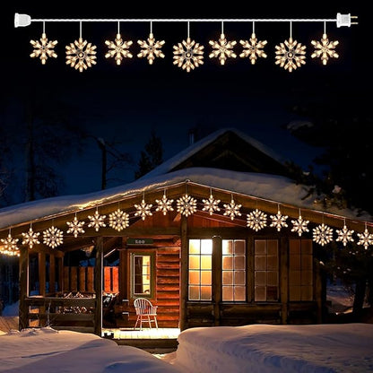 Minetom Snowflake Christmas String Lights with 9 Drops - 13ft 150 Mini Bulb Icicle Lights with Clips, Plug-in Connectable Hanging Lights for Front Porch House Tree Decor Holiday Décor