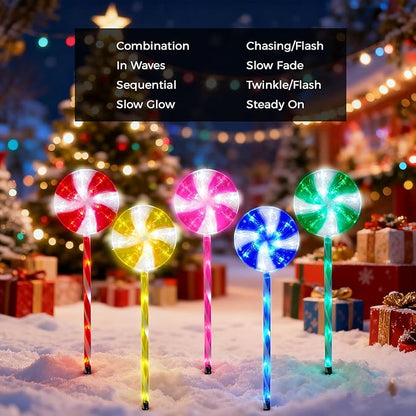 BRIGHTDECK Lollipop Solar Christmas Pathway Lights Outdoor, 5 Pack LED Christmas Decor with 8 Lighting Modes, Light Up Solar Stake Lights for Holiday, Xmas, Walkway, Sidewalk(Multicolour, 5 PCS)
