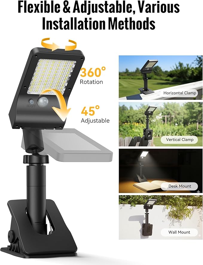 Clip On Solar Lights Outdoor, 350LM Solar Motion Sensor Clamp Light with 1200mAh Battery, 3 Modes 360° Adjustable Waterproof Fence Lights for Porch, Mailbox, Camping, Emergency, Security