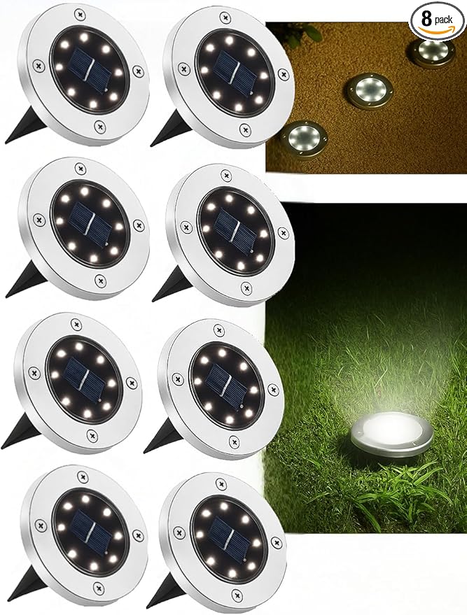 JT Morolux Solar Ground Lights, LED Disk Lights, White, Waterproof Outdoor Path Lights for Garden, Lawn, Walkway, Driveway (Cool White, 8)