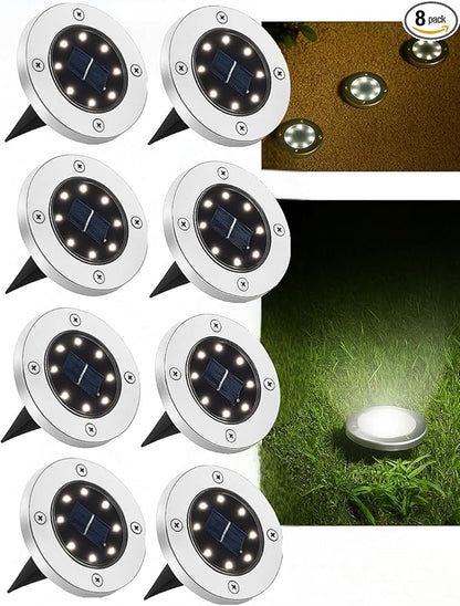 JT Morolux Solar Ground Lights, LED Disk Lights, White, Waterproof Outdoor Path Lights for Garden, Lawn, Walkway, Driveway (Cool White, 8)