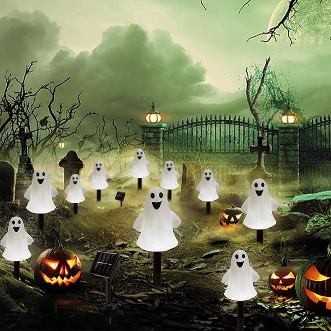 Solar Halloween Ghost Pathway Lights Decorations, Halloween Ghost Stake, Lighted 3D Ghost Outdoor Waterproof for Garden, Pathway and Yard Decoration (White, 5 Pack)