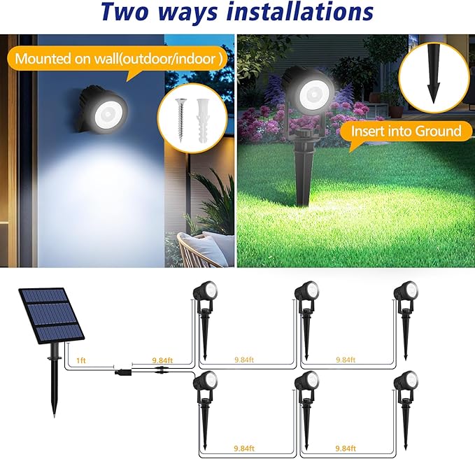 T-SUNUS Christmas Solar Garden Spotlight Outdoor 6-in-1 White Landscape Spot Lights IP65 Waterproof Separated Panel | Lumora