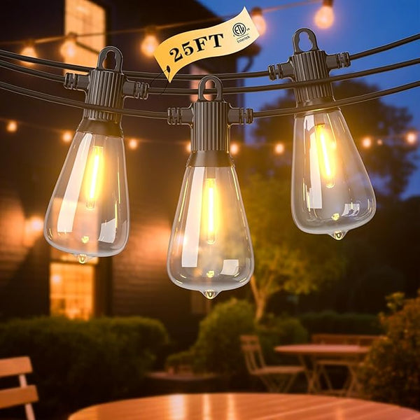 LED Outdoor String Lights, 25FT Outside Waterproof Patio Lights with 12+1 Shatterproof ST38 Edison Bulbs, 2700K | Lumora