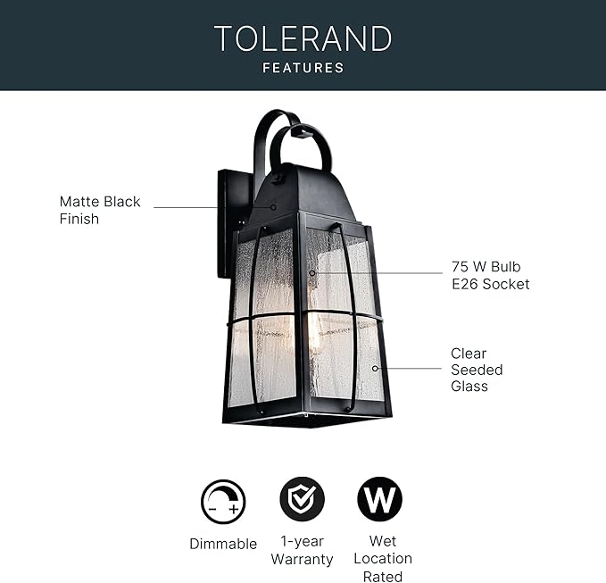 Kichler Tolerand 17.75"" Outdoor Wall Light in Textured Black, 1-Light Exterior Wall Sconce Porch Light with Clear Seeded Glass, (17.75" H x 7.75" W), 49553BKT