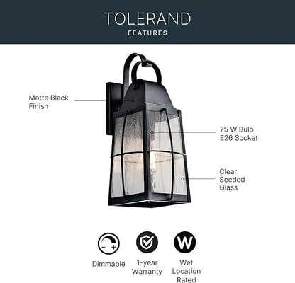 Kichler Tolerand 17.75"" Outdoor Wall Light in Textured Black, 1-Light Exterior Wall Sconce Porch Light with Clear Seeded Glass, (17.75" H x 7.75" W), 49553BKT