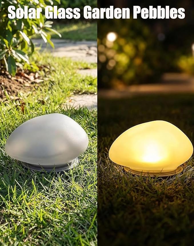 Solar Glass Garden Pebbles, 2026 New Solar Rock Lights Outdoor, Waterproof Glow Cobblestone Lamp for Garden Paths, Stairs, Lawns, Patios, Yard Party Decorations (Warm, 2pcs)