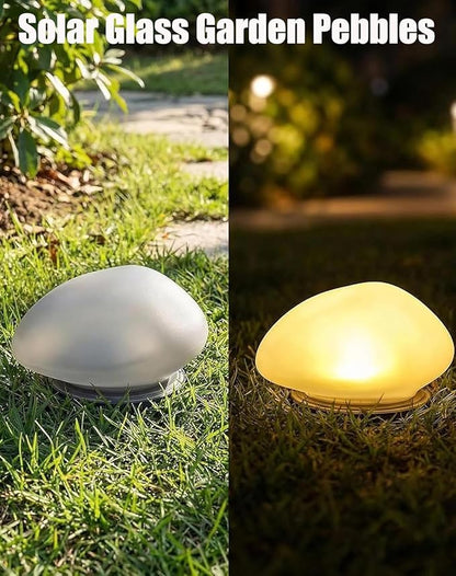 Solar Glass Garden Pebbles, 2026 New Solar Rock Lights Outdoor, Waterproof Glow Cobblestone Lamp for Garden Paths, Stairs, Lawns, Patios, Yard Party Decorations (Warm, 4pcs)