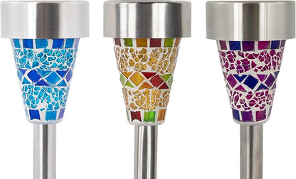 Northlight Set of 3 Mosaic Stained Glass Solar Powered LED Pathway Markers, 15.5"