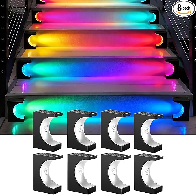Solar Step Lights 8 Pack, Stair Lights Outdoor Waterproof, LED Step for Outside, Outdoor Solar Powered Step Lighting for Patio Decor, Deck, Porch, Front Door, Walkway (RGB Color Changing)