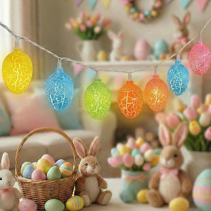 8.5Ft Easter Cracked Egg String Lights Plug in, Outdoor Spring Easter Decorations String Lights with 10 LED Colorful Cracked Egg Light, Hanging Pastel Easter Lights for Garland Party Yard Home Decor