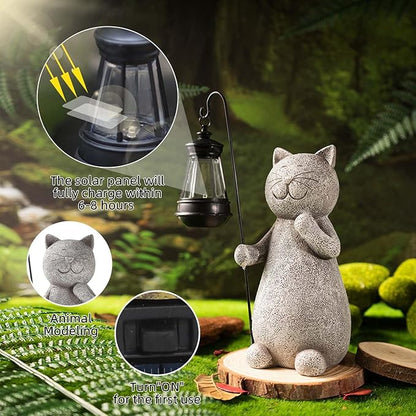 Garden Decor Solar Statue Lights, Outdoor Statues Cat with Solar Lantern, Resin Cats Figurine for Patio Lawn Front Porch Yard Decoration - Housewarming Birthday Gifts for Mom Grandma Women