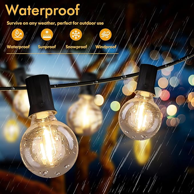 100FT LED Outdoor String Lights Patio Light with 52 Shatterproof G40 Dimmable Globe Bulb, 2-Pack 50FT Waterproof | Lumora