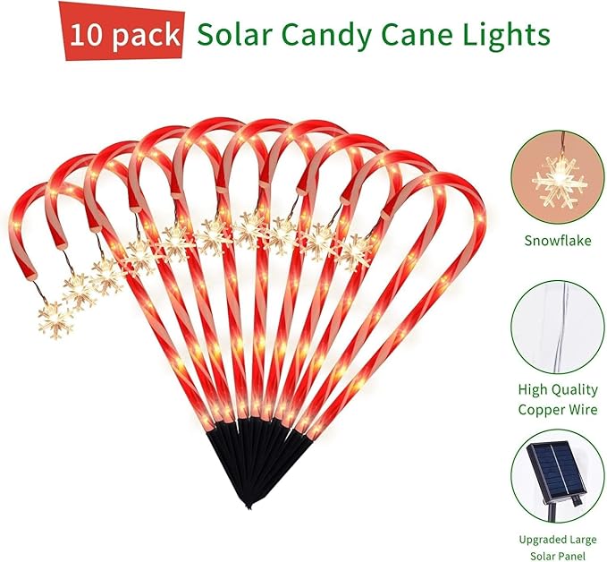 Solar Christmas Lights Outdoor Decorations, 10 Pack Solar Christmas Candy Cane Lights with Snowflake, Outdoor Waterproof Pathway Lights for Patio, Garden, Yard, Street, Park, Holiday