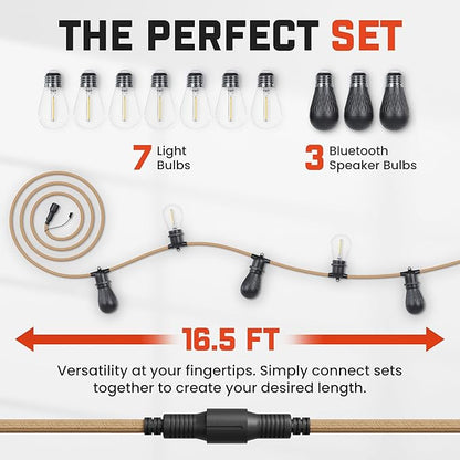 Freespirit Recreation 16.5FT Waterproof Outdoor String Lights - 3 Bluetooth Speaker Outdoor Party Lights with 7 LED Light Bulbs - Perfect for 12V DC, Hanging Lights for Outside Deck Porch & More