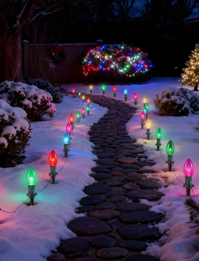 C9 Christmas Pathway Lights Outdoor, 38Ft Vintage Christmas Decorations String Lights with 27 C9 Multicolor Bulbs and 25 Stakes, Outside Walkway Lights for Driveway Sidewalk Yard Path Xmas Decor