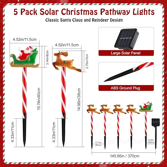 Lewondr Solar Christmas Pathway Lights, 5 PCS Solar Christmas Decorations Outdoor with 2 Lighting Modes, Santa Claus and Reindeer Lights with Garden Stake, Waterproof Garden Yard Patio Holiday Decor