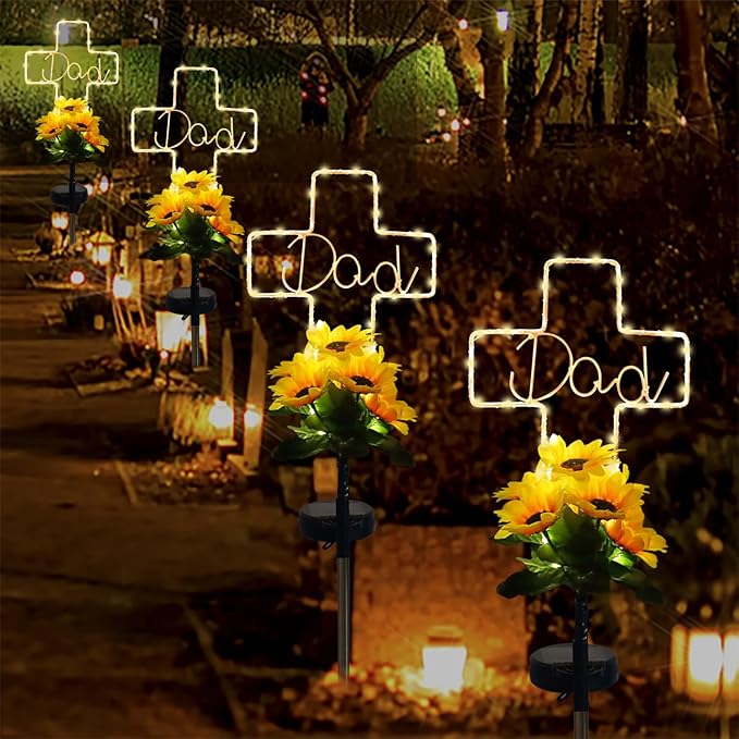 Solar Cross Sunflower Lights for Cemetery Dad, Waterproof Grave Decorations for Cemetery Dad, Sympathy Memorial Gifts for Loss of Dad for Father Day Christmas Memorial Day Grave Decor