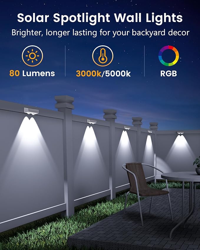 Solar Fence Lights Outdoor Waterproof, 80 Lumens Solar Lights for Fence with Warm White & RGB 8 Colors,Outdoor | Lumora