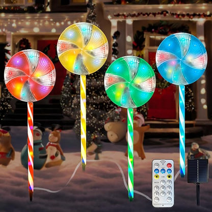 Candy Christmas Decorations Pathway Outdoor Solar Lights, 29 inches 80 LED Lighted Lollipop Solar Christmas Lights with 8 Modes Waterproof String Lights, Outdoor Lights for Yard Patio Walkway-4PCS