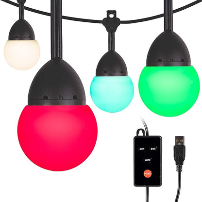 Enbrighten USB-Powered Cafe String Lights, 24ft, 24, LED, Color Changing, Indoor or Outdoor, Camping, Tailgate, Dorm Room, Round Bulb, 48372