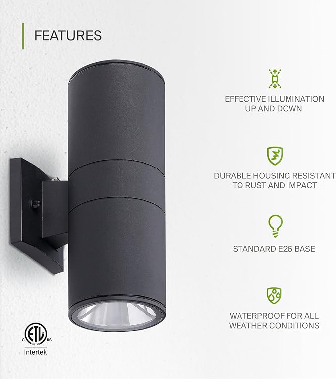 ASD 2 Light Dusk to Dawn Outdoor Wall Light Fixture | 120W E26 Bulb Socket 120V ETL Cylinder Up Down Lights | | Lumora