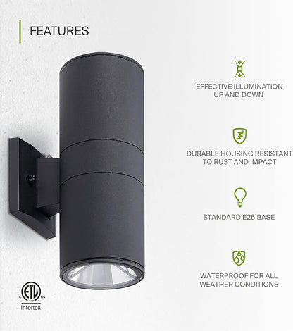 ASD 2 Light Dusk to Dawn Outdoor Wall Light Fixture | 120W E26 Bulb Socket 120V ETL Cylinder Up Down Lights | LED/CFL/Incandescent Bulb Exterior Wall Sconce | Front Door, Porch, Patio | Black, 2 Pack