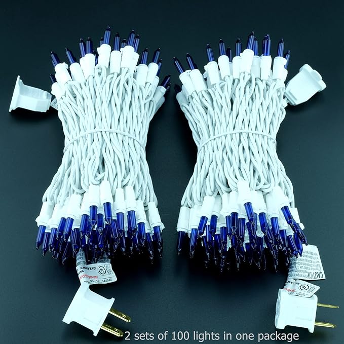 YULETIME 200 Blue Christmas Lights, Pack of 2 Sets 33 Feet 100 Count UL Certified Incandescent String Lights (Blue - White Wire)