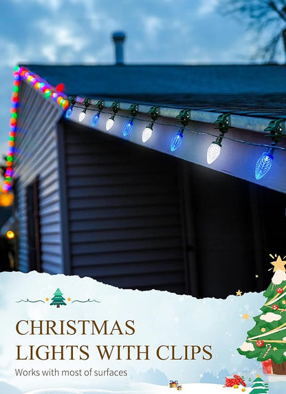 C9 LED Christmas Lights Outdoor, 68 Feet 100 LED C9 String Light with 100 Spring Clips, Waterproof Connectable Christmas Tree Lights for Outside Roofline Patio Home Xmas Decor, Blue & Pure White
