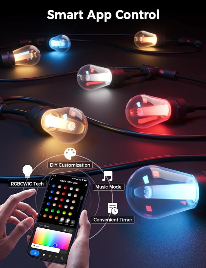 XMCOSY+ Outdoor String Lights Smart, 49Ft RGBCWIC Patio Lights Waterproof, App Control, Compatible with Alexa | Lumora