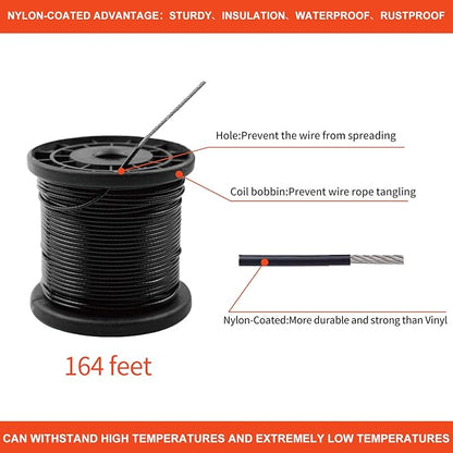 String Lights Hanging Kit,Globe String Lights Suspension Kit,Outdoor Light Guide Wire,Includ 164 FT Nylon-Coated Stainless Steel Wire Rope Cable,Turnbuckle and Hooks,Enough Accessories,Use Manual
