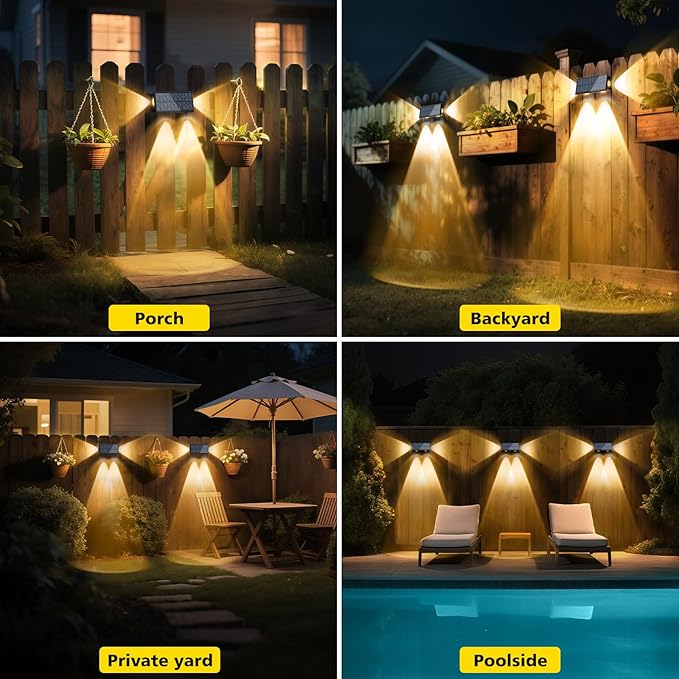 T-SUN Solar Fence Lights Waterproof, LED Wall Lights Outdoor with 2 Bright Modes Warm White Solar Powered, Fence Light for Backyard Railing Patio Porch Pool (6 Pack, Warm White)