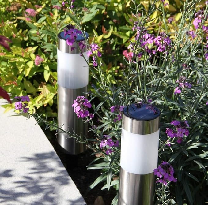 Solar Garden Lights Outdoor Solar Powered Landscape Path Light Stainless Steel Bollard Decorative Lighting Waterproof Solar Stake Light for Garden Lawn Patio Yard Path Walkway,White,4 Pack