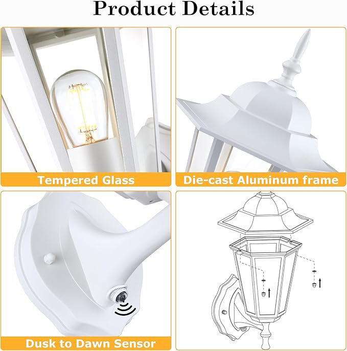 GRUENLICH Dusk to Dawn Outdoor Wall Sconce, Exterior Front Porch Lighting with Clear Glass, White Aluminum Outside | Lumora