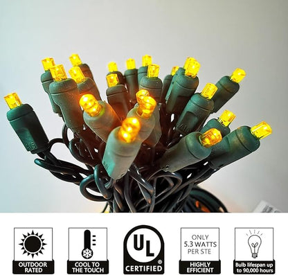 Christmas Lights LED Commercial Mini LED String Lights, 120V UL, Green Wire Xmas Lights for Indoor & Outdoor Use, Holiday Party Decorations, Trees, Light Displays (Yellow, 17FT)